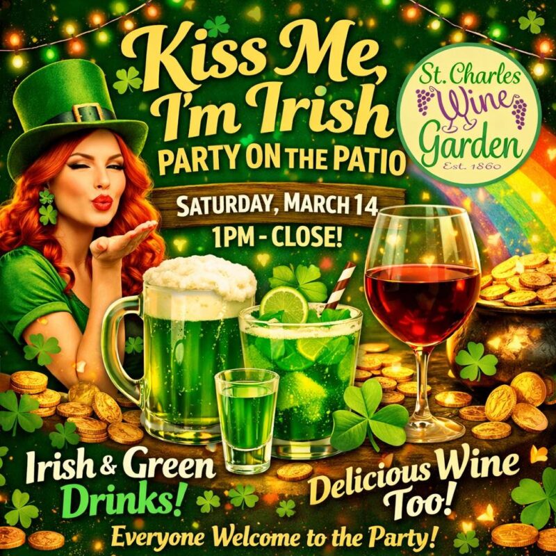 St. Charle Wine Garden St. Patricks Day Banners showing a leprachaun and several different types of alcoholic drinks