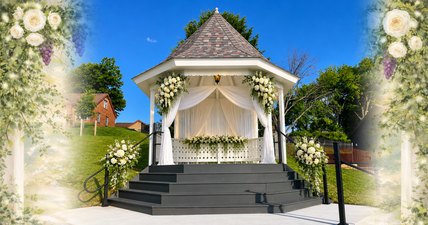 St. Charles Wine Garden Gazebo decorated with flowers and fabric accents for a wedding